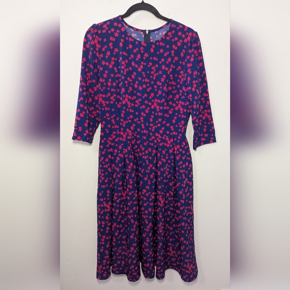 Floral Midi Dress Navy Red Poppy Flowers 3/4 Sleeve Women's Size M
